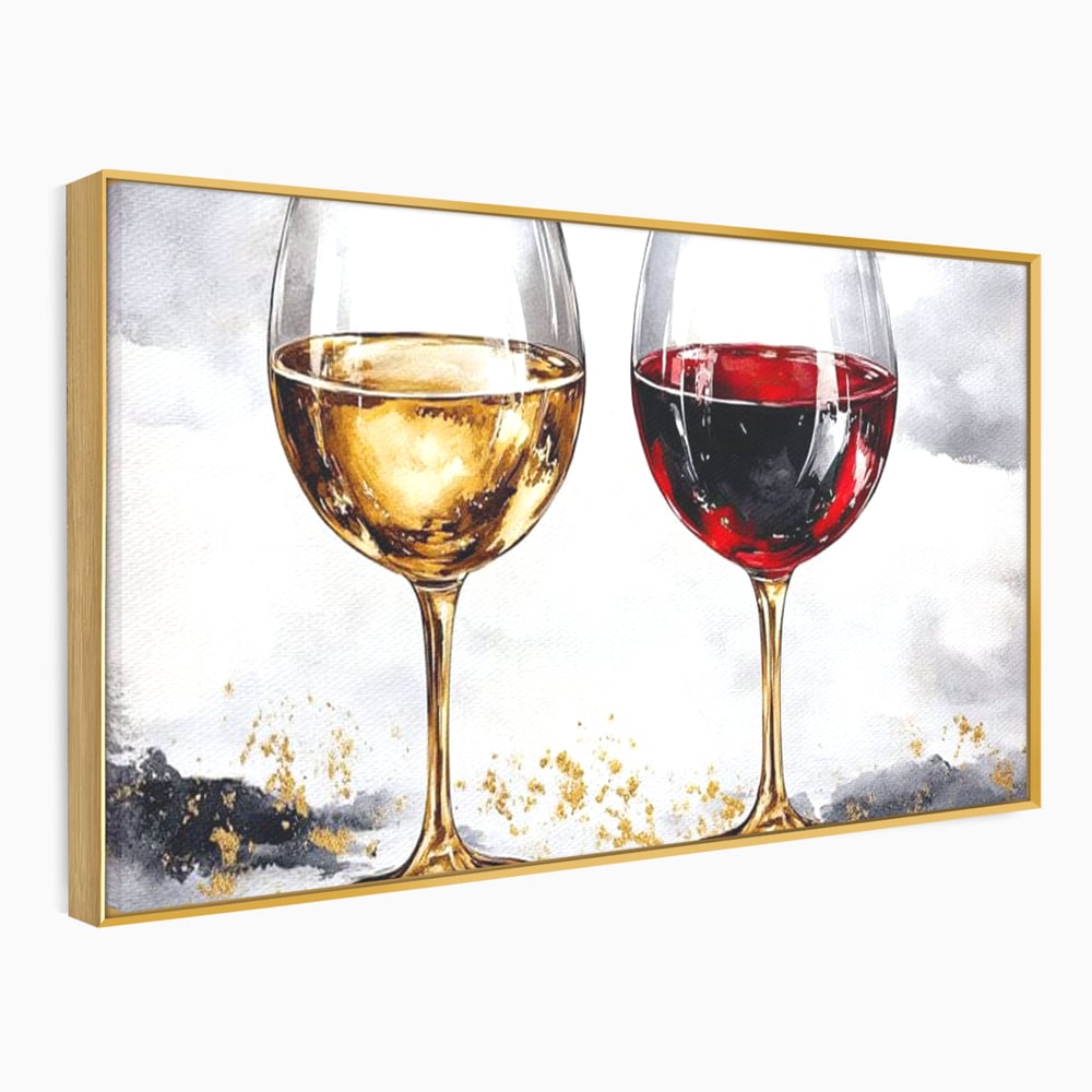 Tablou canvas cu tablou canvas cu doua pahare de vin, in rama de aluminiu auriu